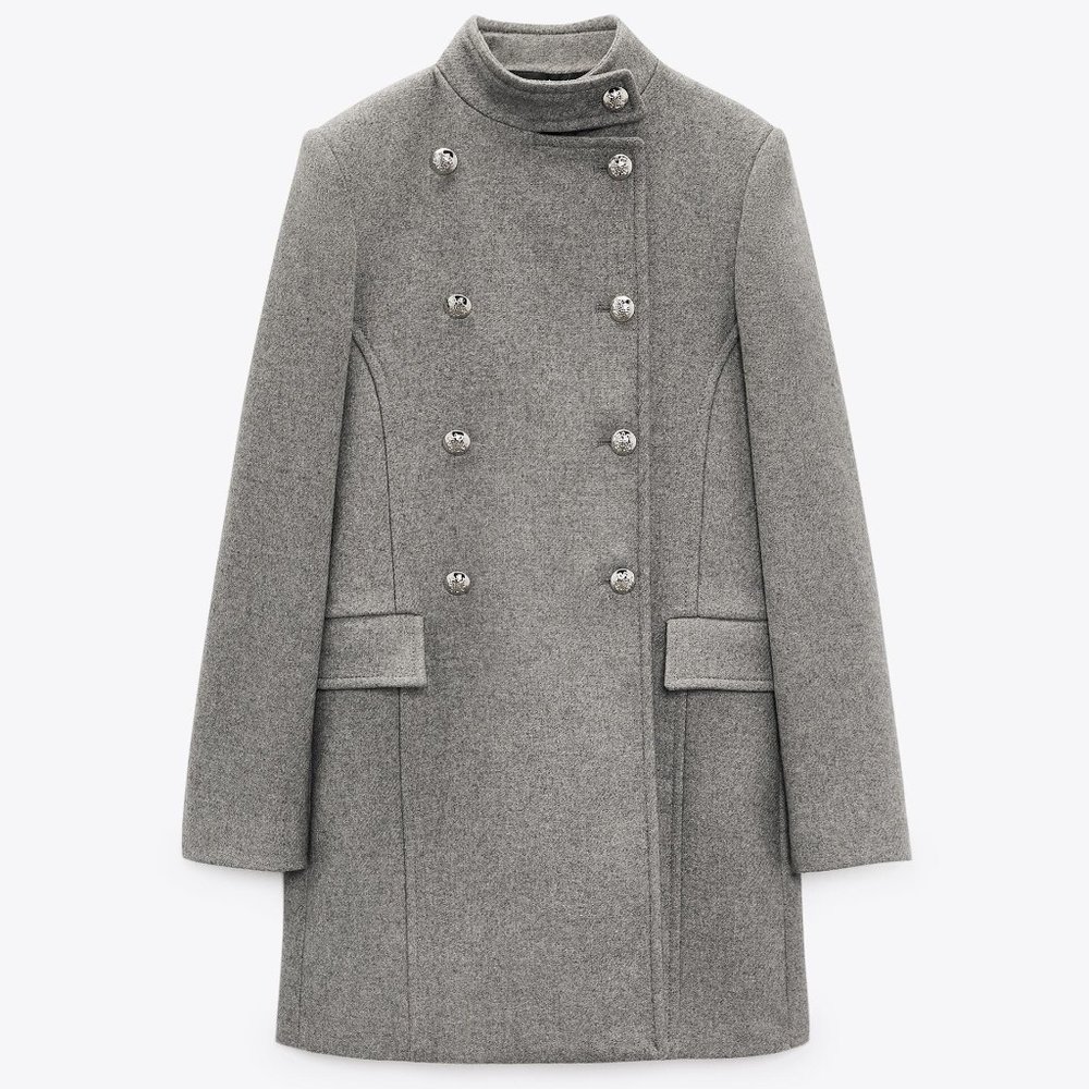 NWT Zara Wool BLEND HIGH Neck COLLAR Military Coat size L